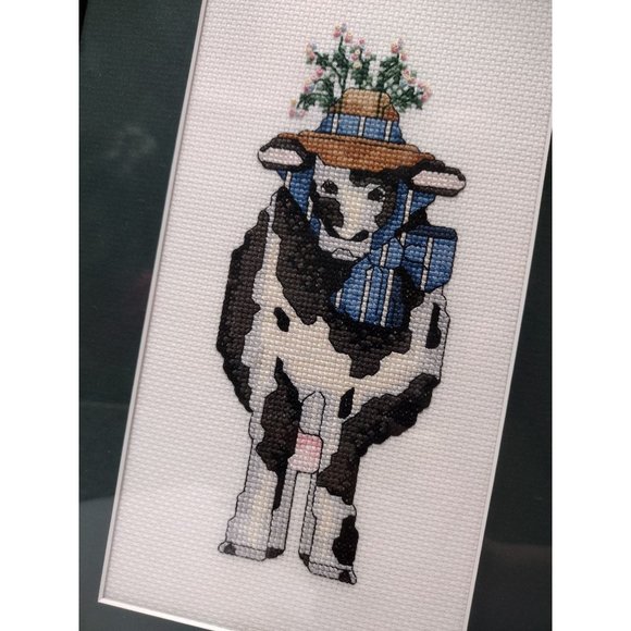 Completed Cross Stitch Cow, Vintage Framed Needlepoint, Country Farmhouse Art - Picture 3 of 7